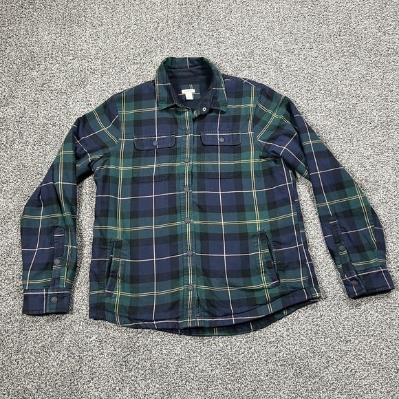 LL Bean Jacket Mens S Green Plaid Flannel Lined Snap Shacket Pockets Outdoors - Picture 1 of 9